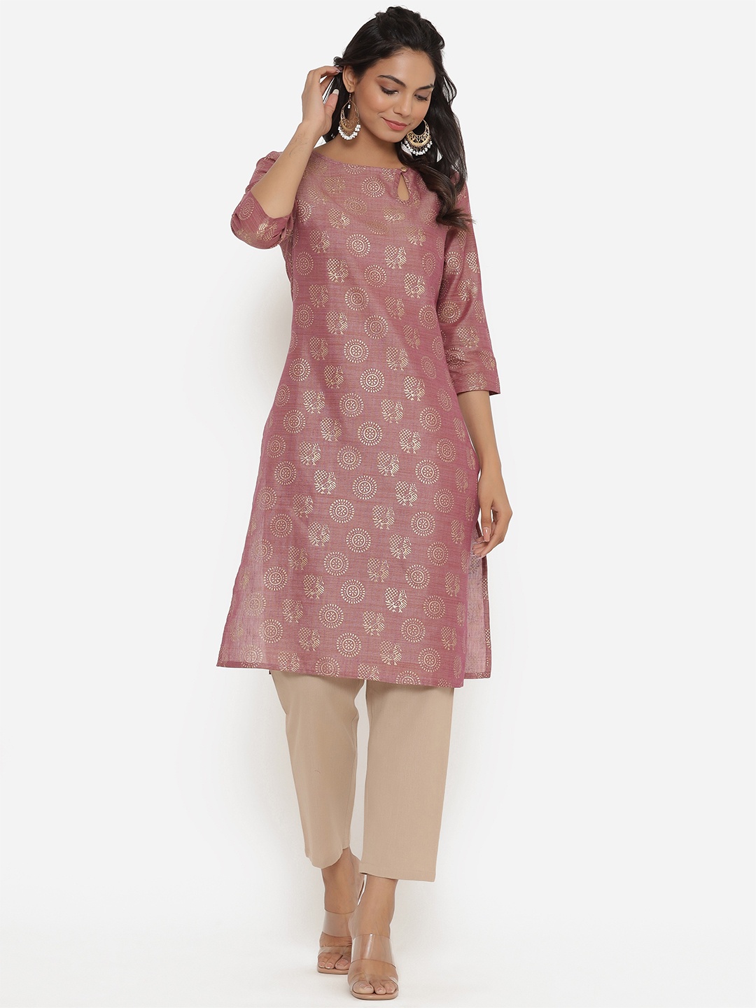 

Sutidora Women Pink Ethnic Motifs Printed Keyhole Neck Cotton Straight Kurta