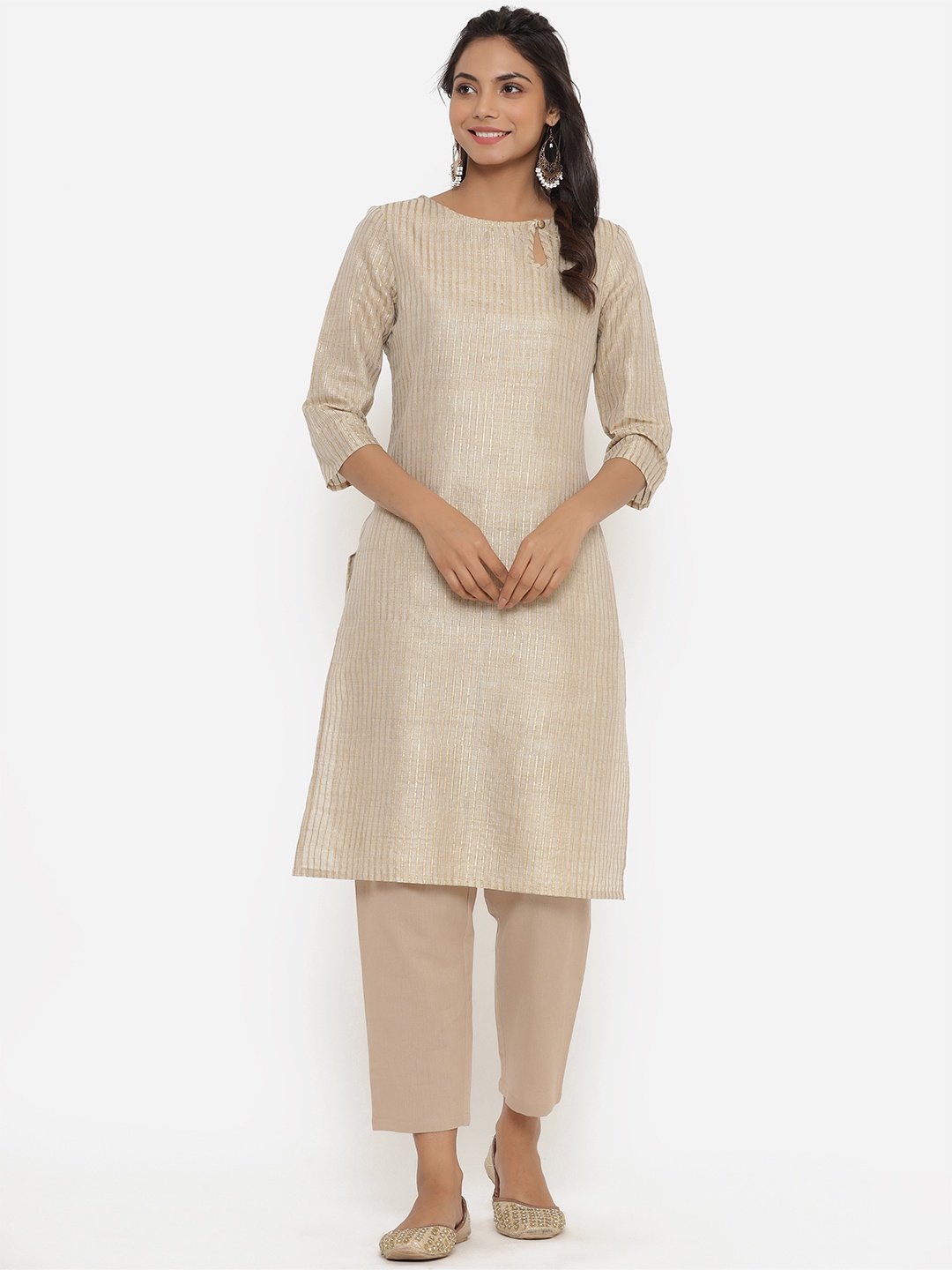 

Sutidora Women Beige & Gold-Toned Striped Keyhole Neck Kurta