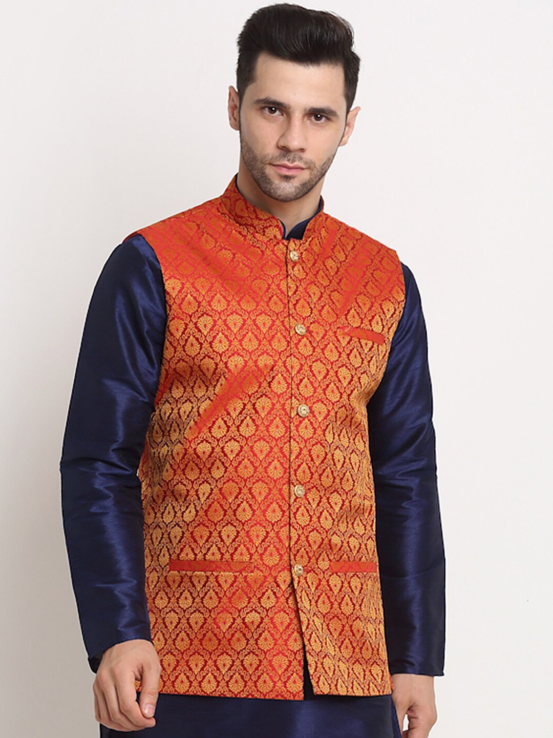 KRAFT INDIA Men Red & Gold-Toned Ethnic Motifs Jacquard Nehru Jacket ...