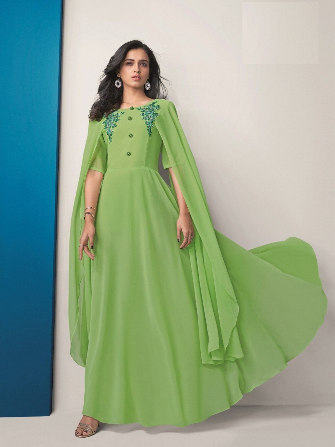 

APNISHA Green Floral Embroidered Georgette Maxi Dress