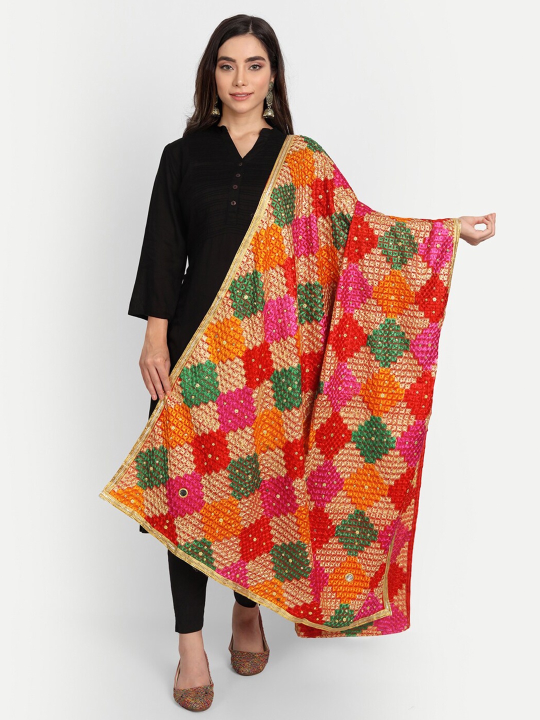 

amraoo Women Orange & Green Embroidered Phulkari Dupatta