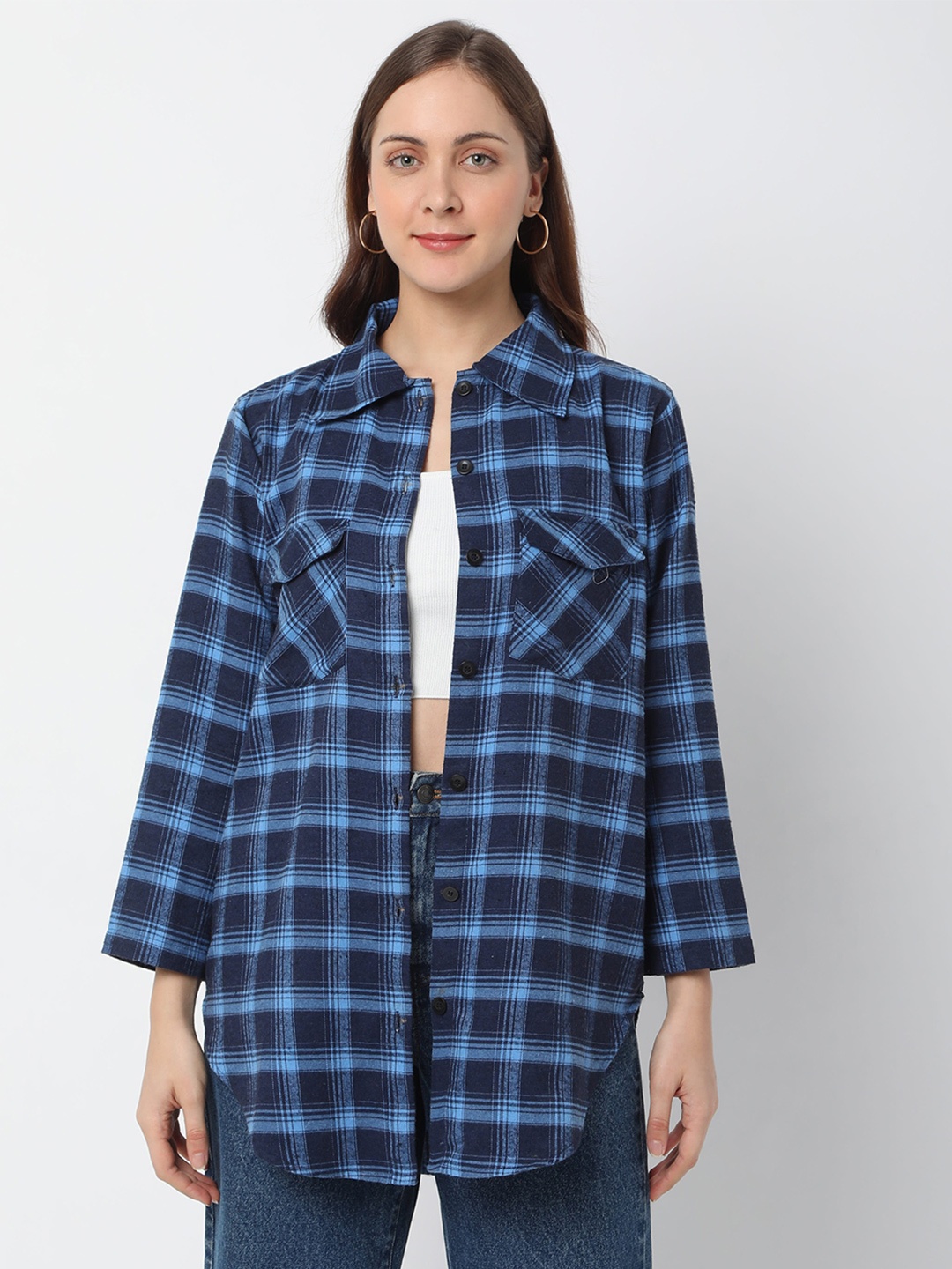 Smarty Pants Women Navy Blue Black Cotton Checked Lightweight Longline Shacket