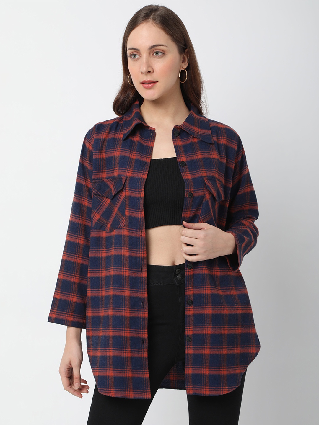 

Smarty Pants Women Maroon Checked Lightweight Longline Open Front Jacket