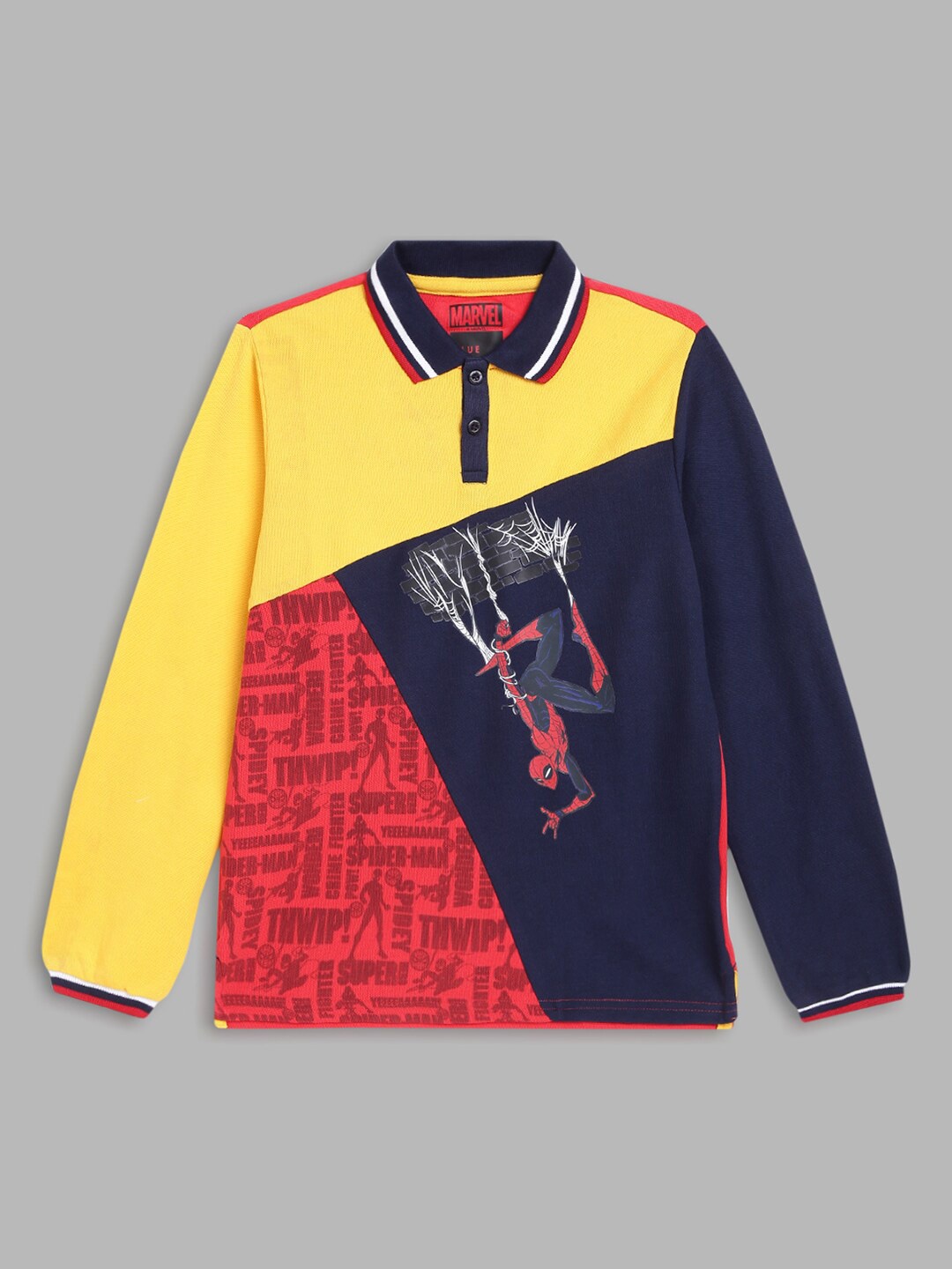 

Blue Giraffe Boys Navy Blue & Yellow Spider-Man Colourblocked Polo Collar Cotton T-shirt