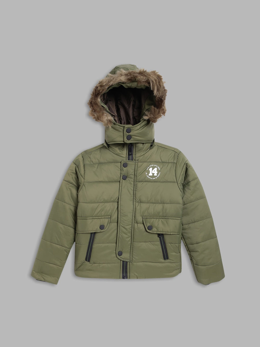 

Blue Giraffe Boys Olive Green Solid Hooded Puffer Jacket