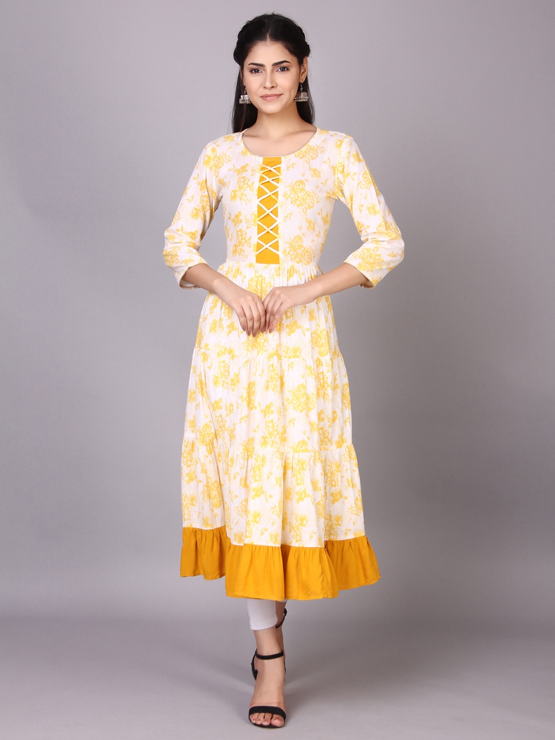 

V TRADITION Women White & Yellow Floral Printed Flared Kurta