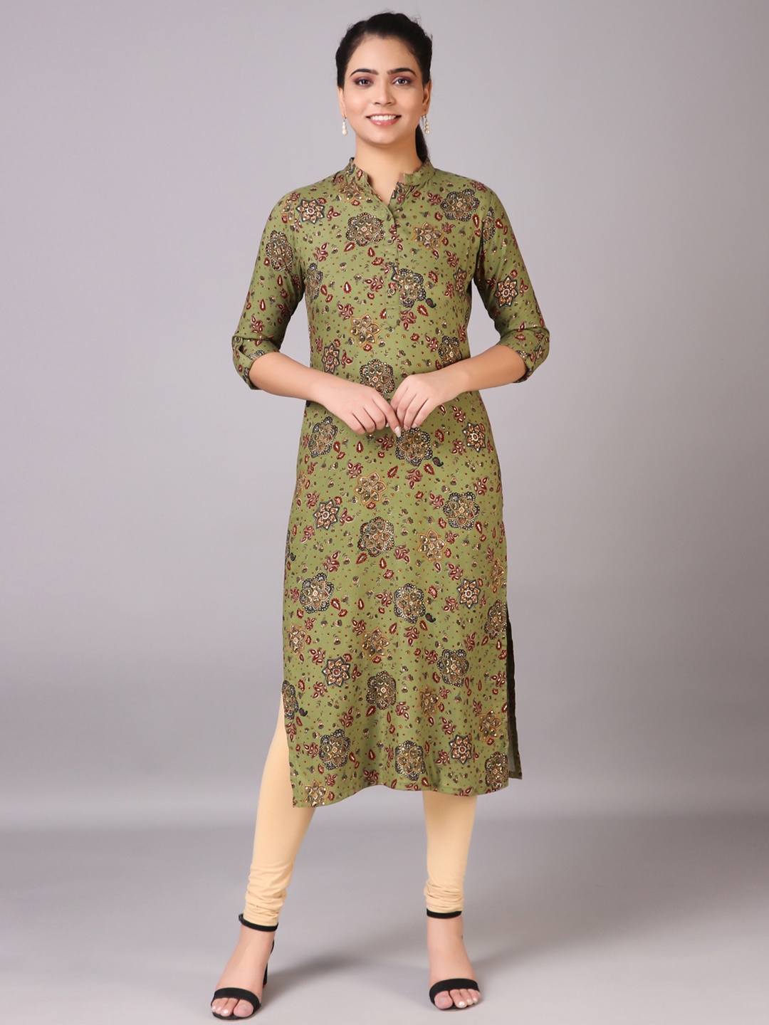 

V TRADITION Women Green & Brown Ethnic Motifs Printed Kurta