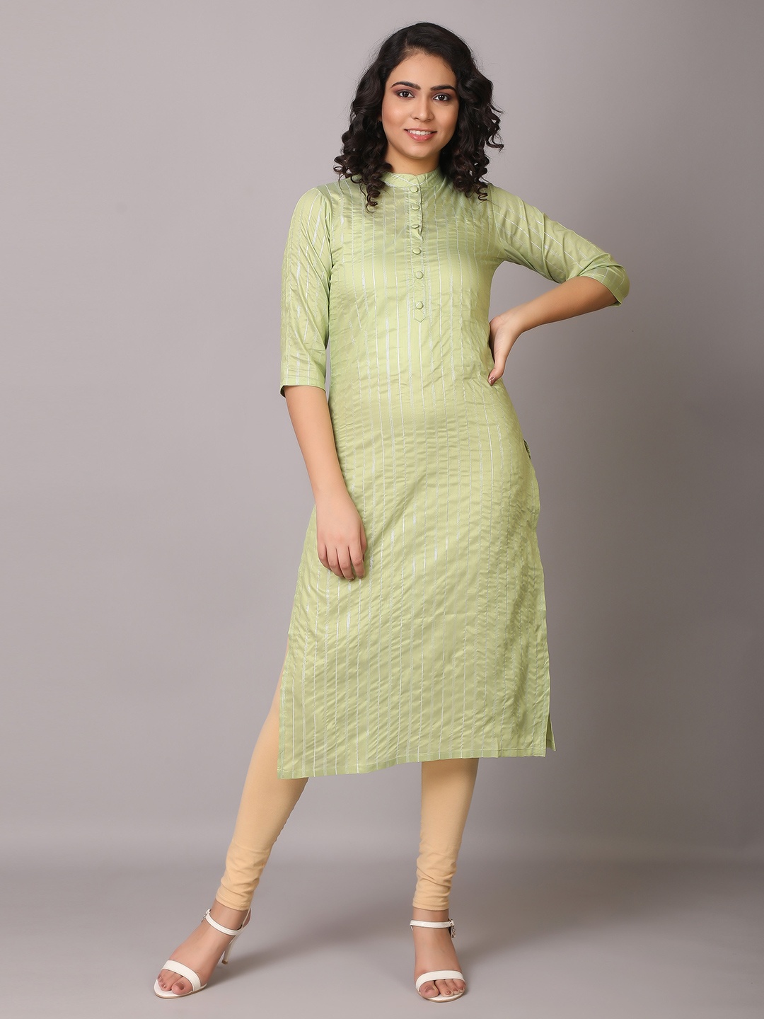 

V TRADITION Women Green & White Striped Chanderi Silk Kurta