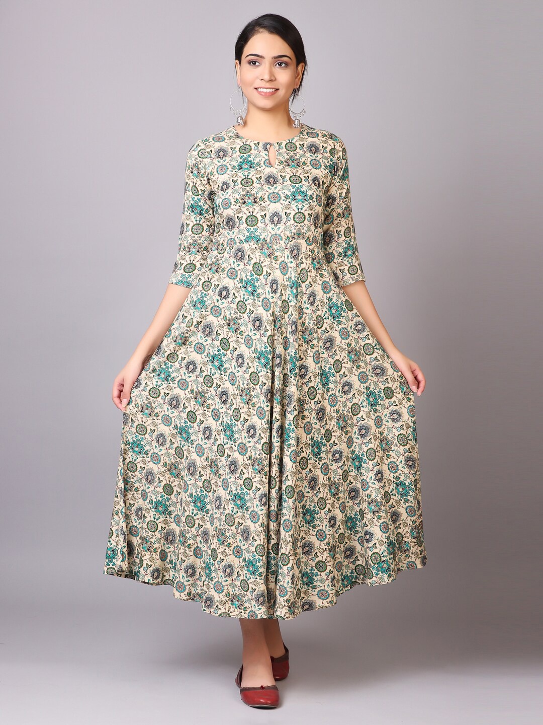 

V TRADITION Beige & Green Floral Keyhole Neck Ethnic Maxi Dress