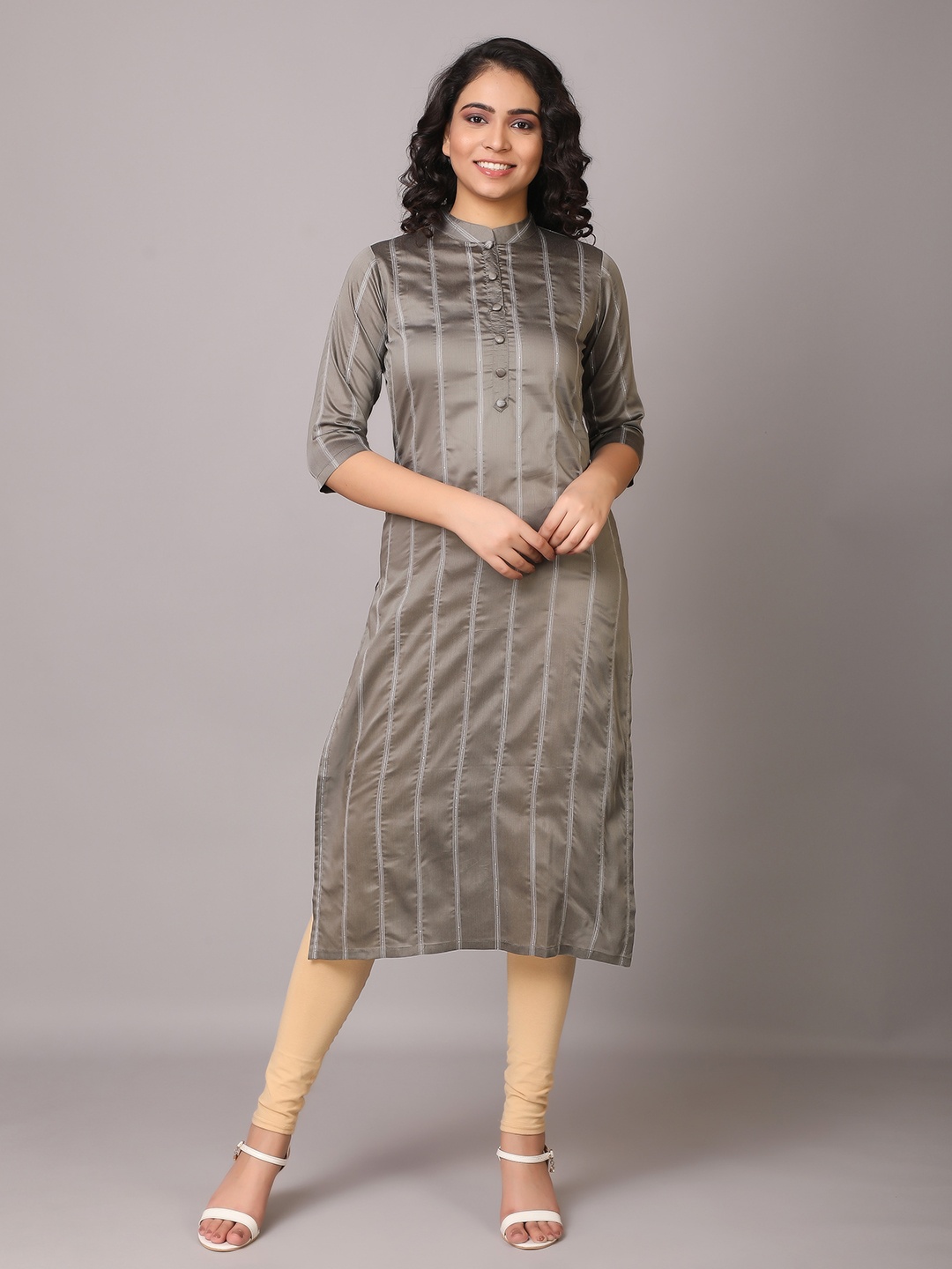 

V TRADITION Women Grey Striped Chanderi Cotton Kurta