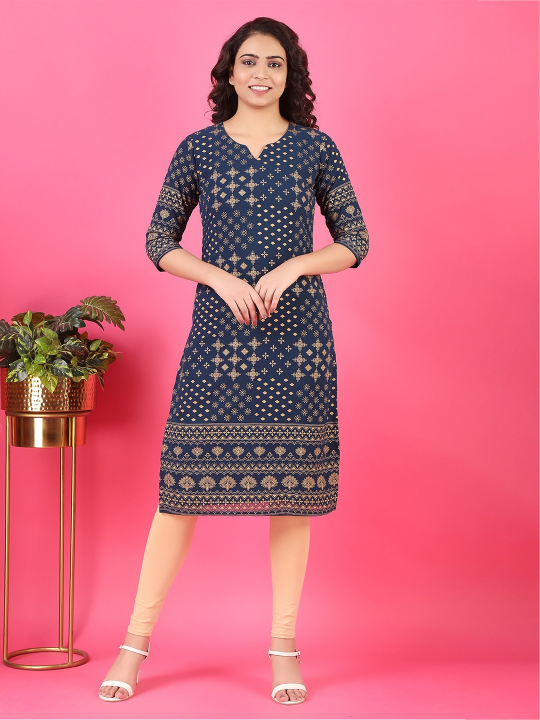 

V TRADITION Women Navy Blue & Golden Ethnic Motifs Printed Indie Prints Georgette Kurta