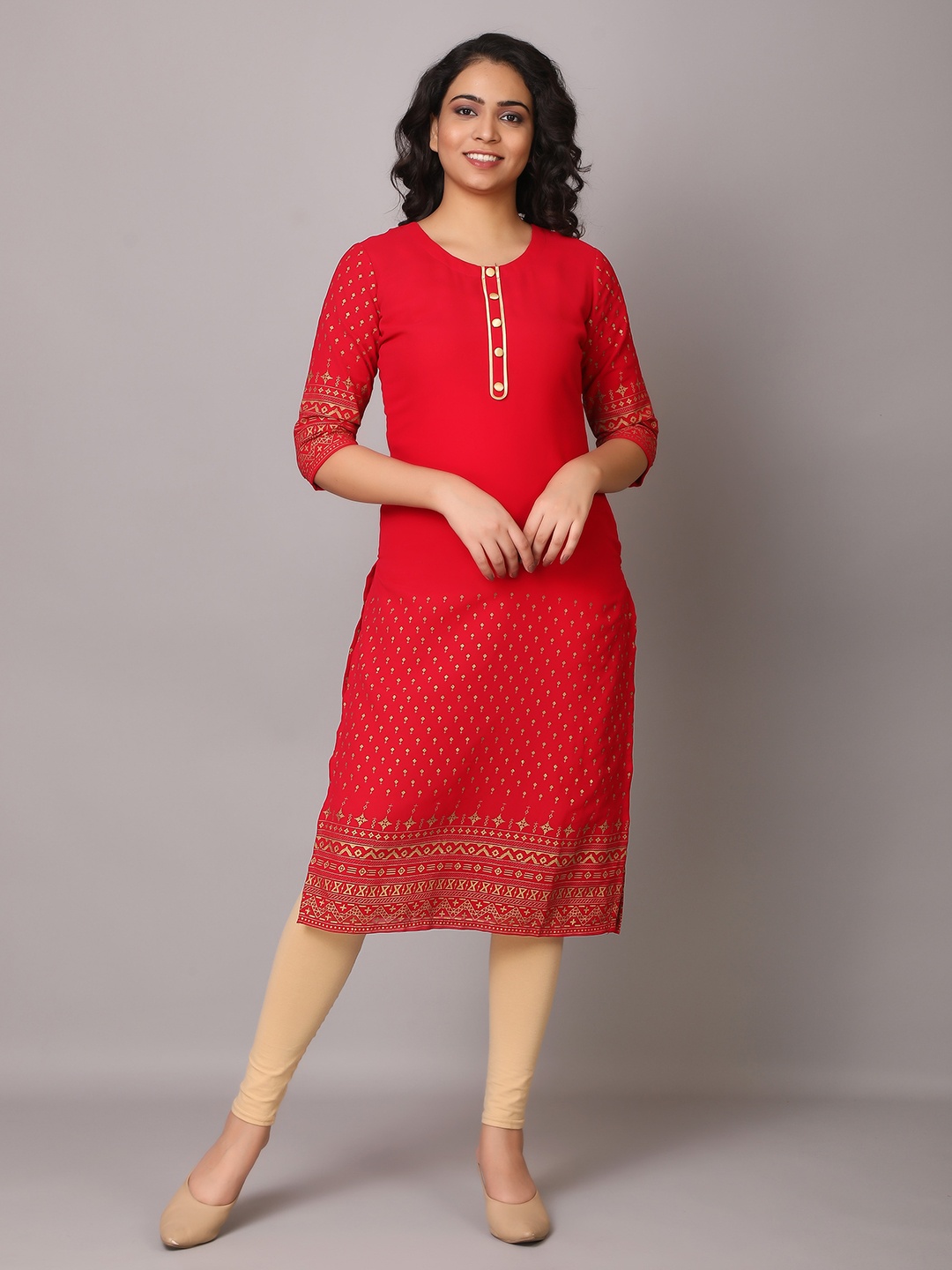 

V TRADITION Women Red & Gold-Toned Geometric Printed Georgette Kurta