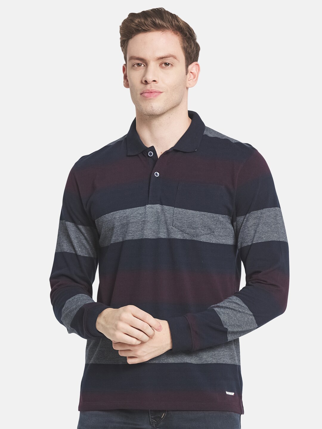 

METTLE Men Grey Striped Polo Collar T-shirt