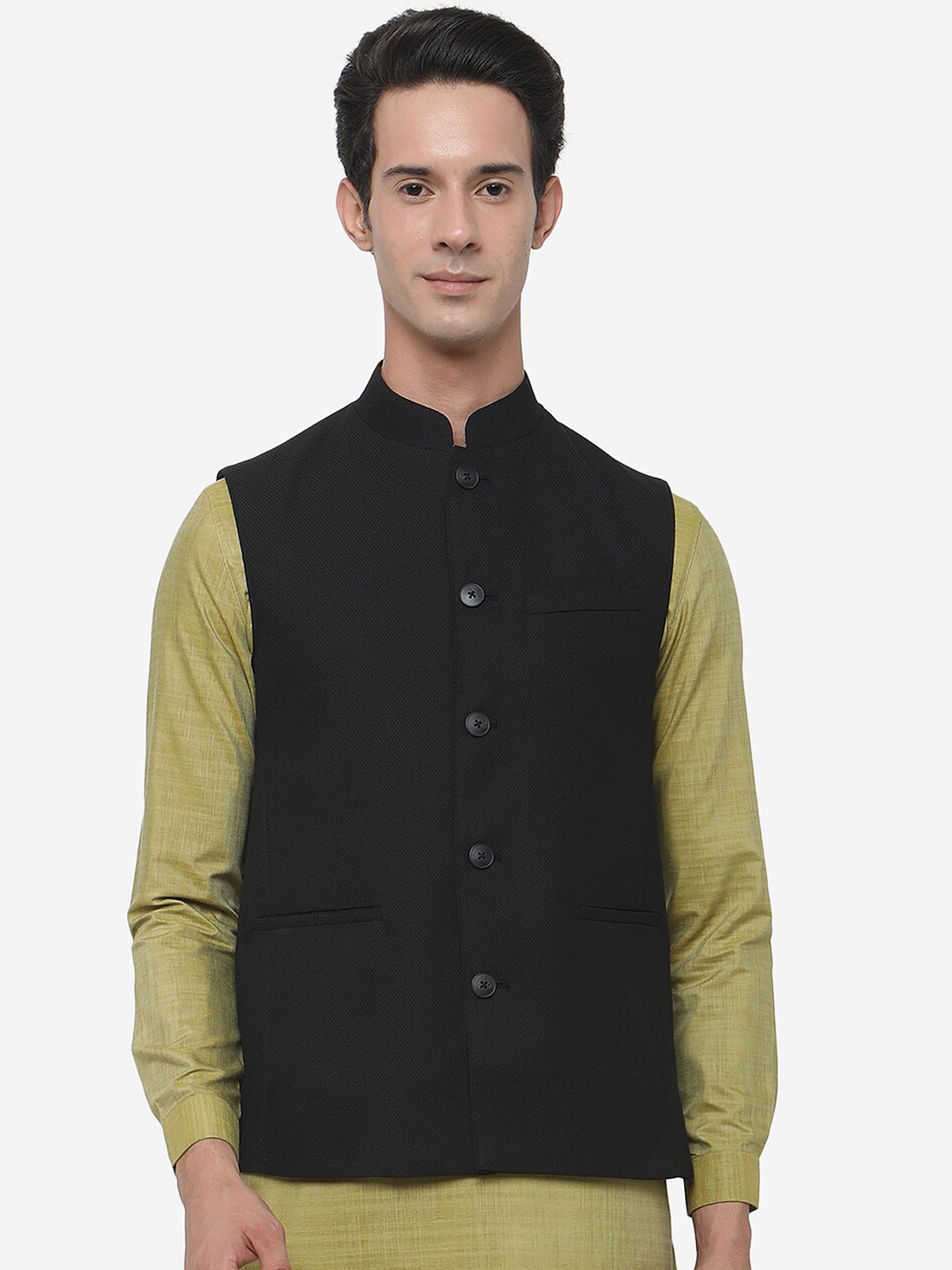 

MODI JACKET Men Black Solid Open Front Jacket