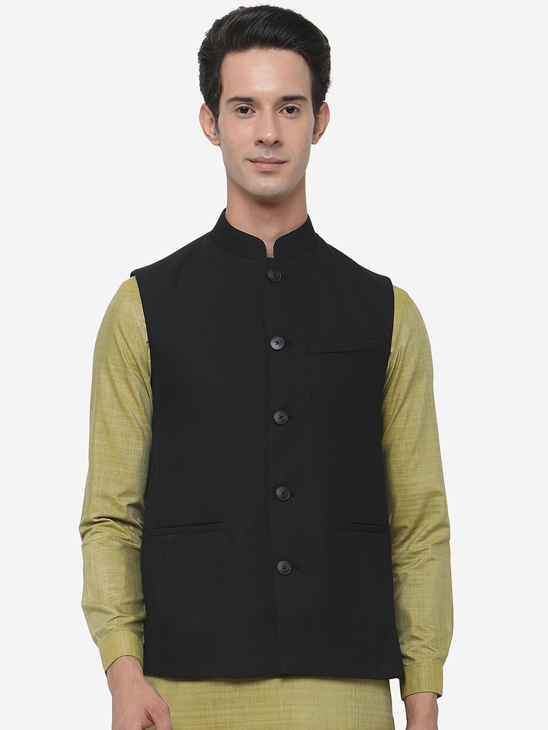 

MODI JACKET Men Black Textured Nehru Jacket
