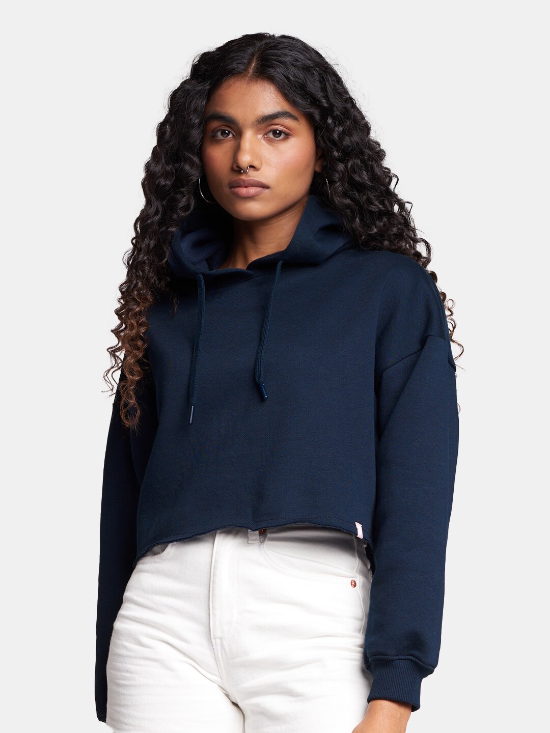 

The Souled Store Women Solid Oversized Crop Hooded Sweatshirt, Navy blue