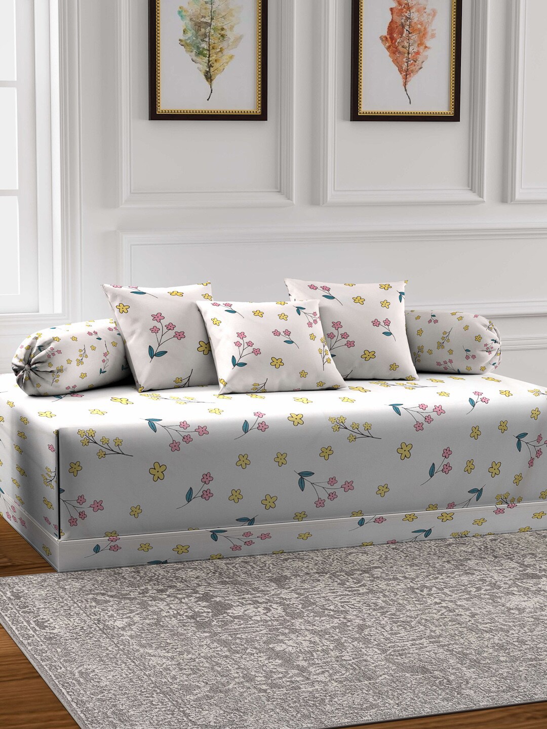 

Arrabi Set of 6 Cream-Coloured Floral Printed Diwan Set