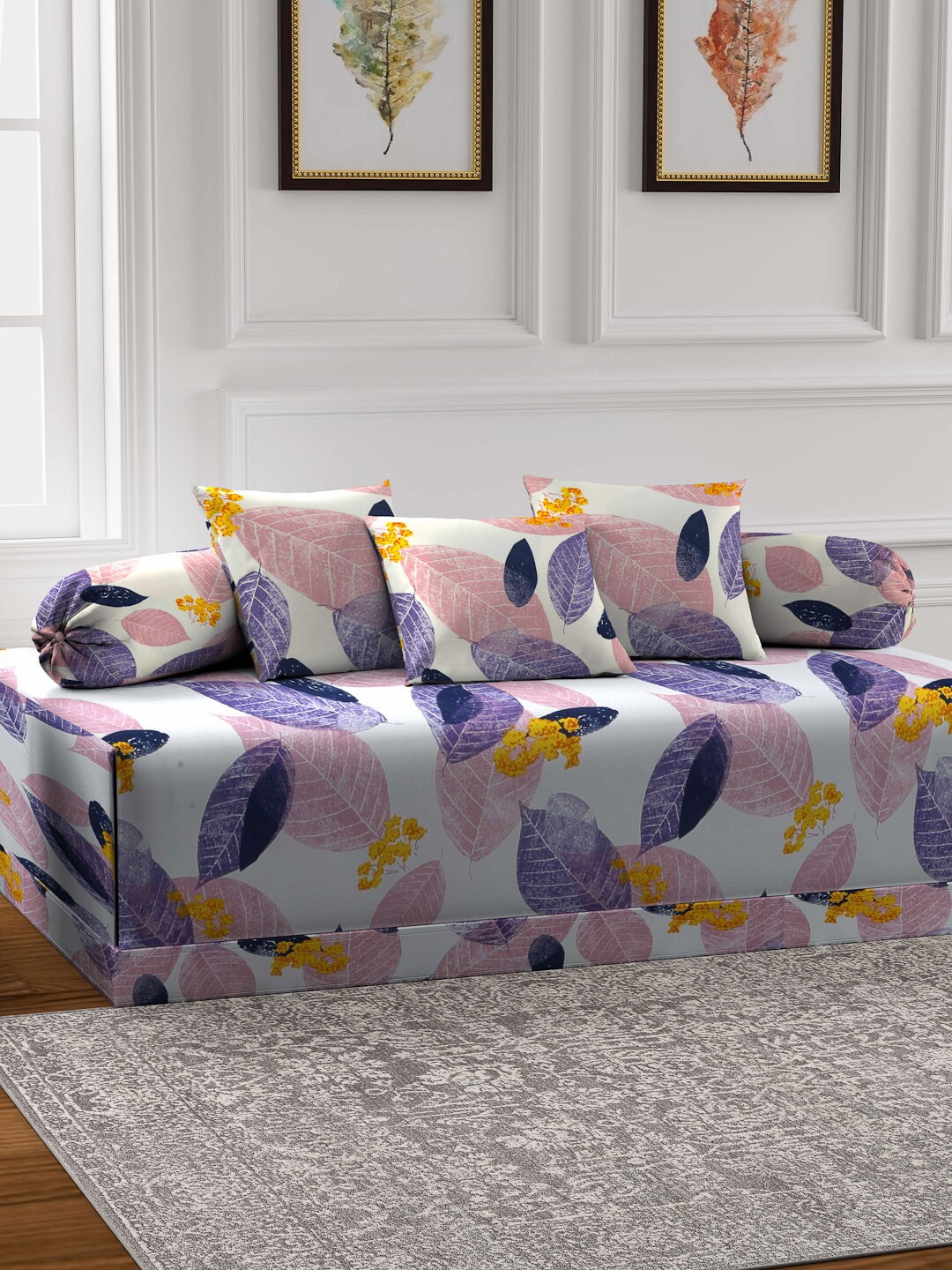 

Arrabi Pink & Off-White Set of 6 Leaf Printed Cotton Blend Diwan Set