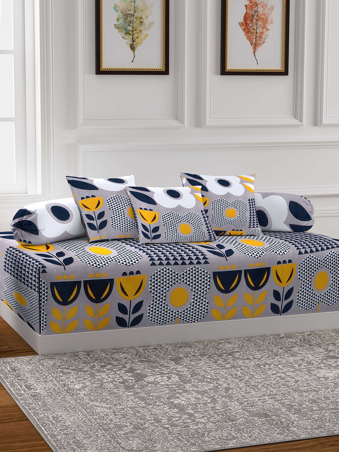 

Arrabi Grey Set of 6 Floral TC Cotton Blend Diwan Set