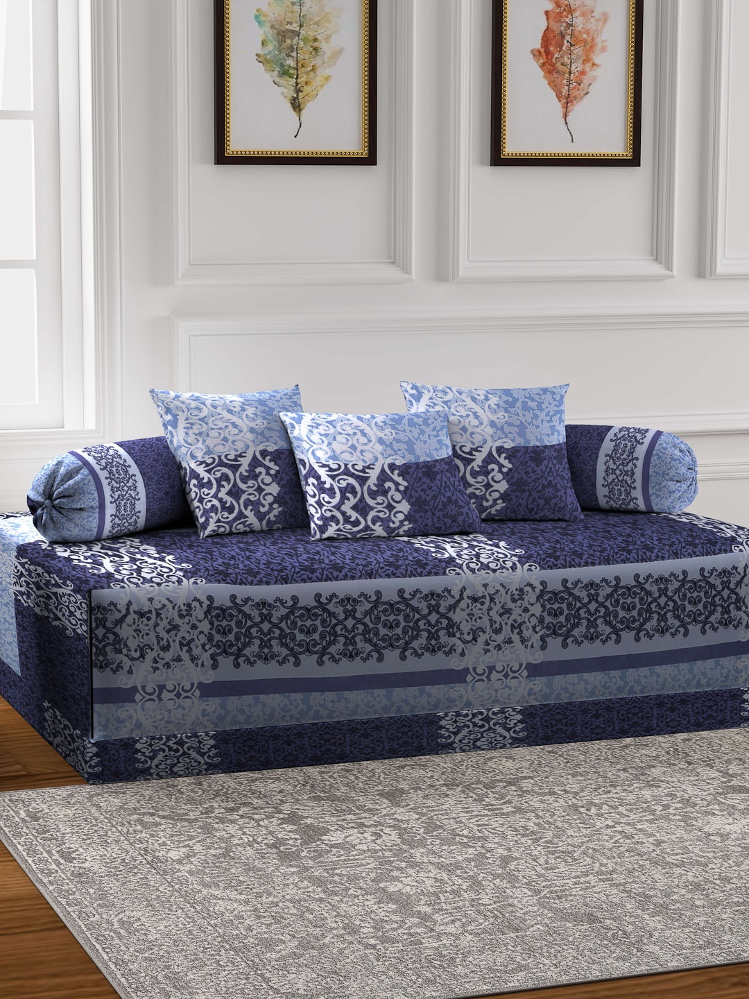 

Arrabi Multi Set of 6 Blue & White Floral Print Diwan Set with Bolster & Cushion Covers