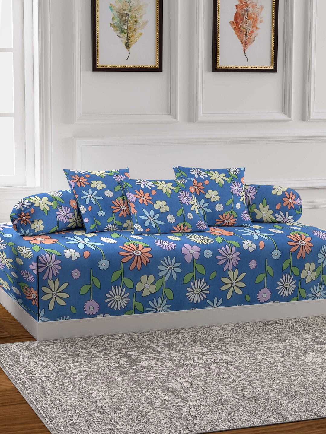 

Arrabi Set of 6 Floral Printed Diwan Set, Blue