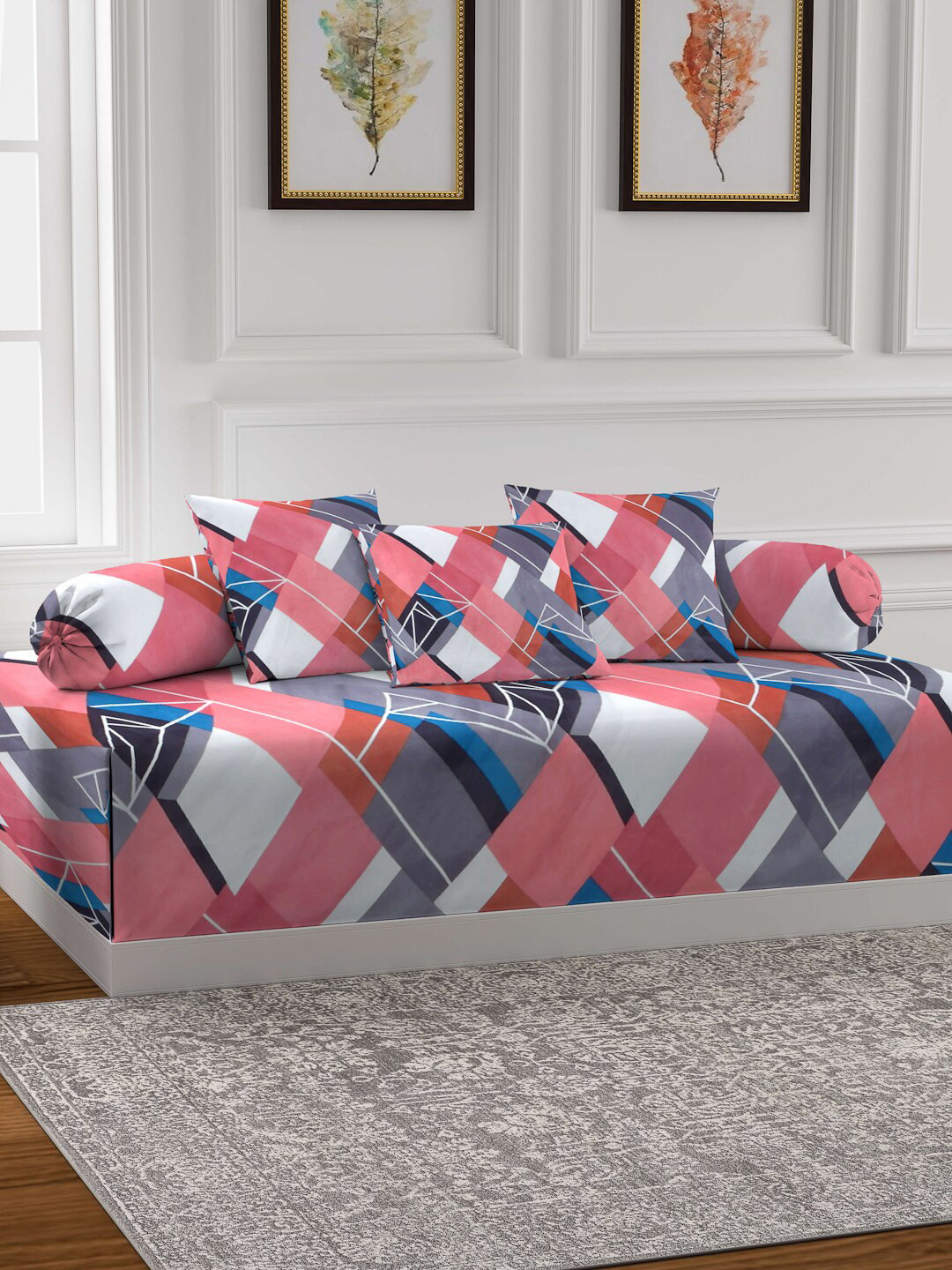 

Arrabi Blue Set Of 6 Geometric Cotton Blend Diwan Set, Multi