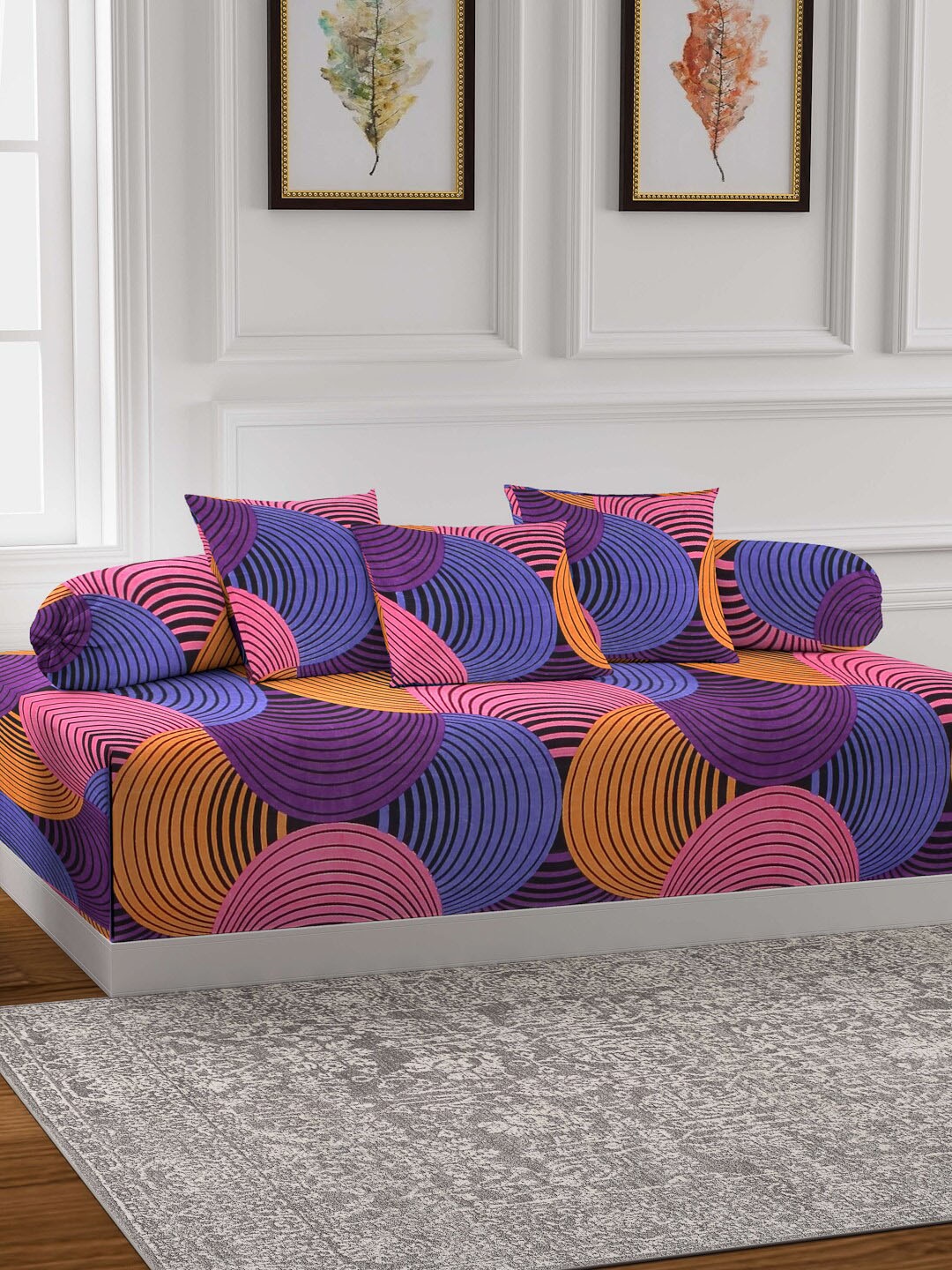 

Arrabi Blue & Pink Set of 6 Graphic TC Cotton Blend Diwan Set