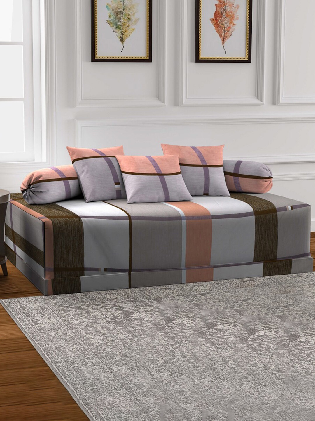 

Arrabi Set of 6 Grey & Brown Geometric Printed Diwan Set