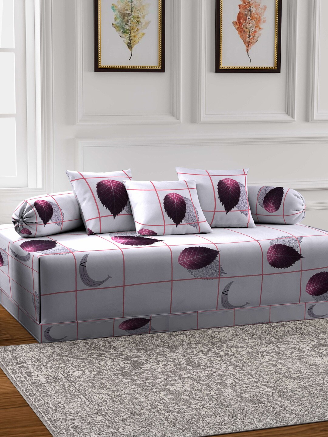 

Arrabi 6 Pieces Grey & Purple Leaf Printed Diwan Set