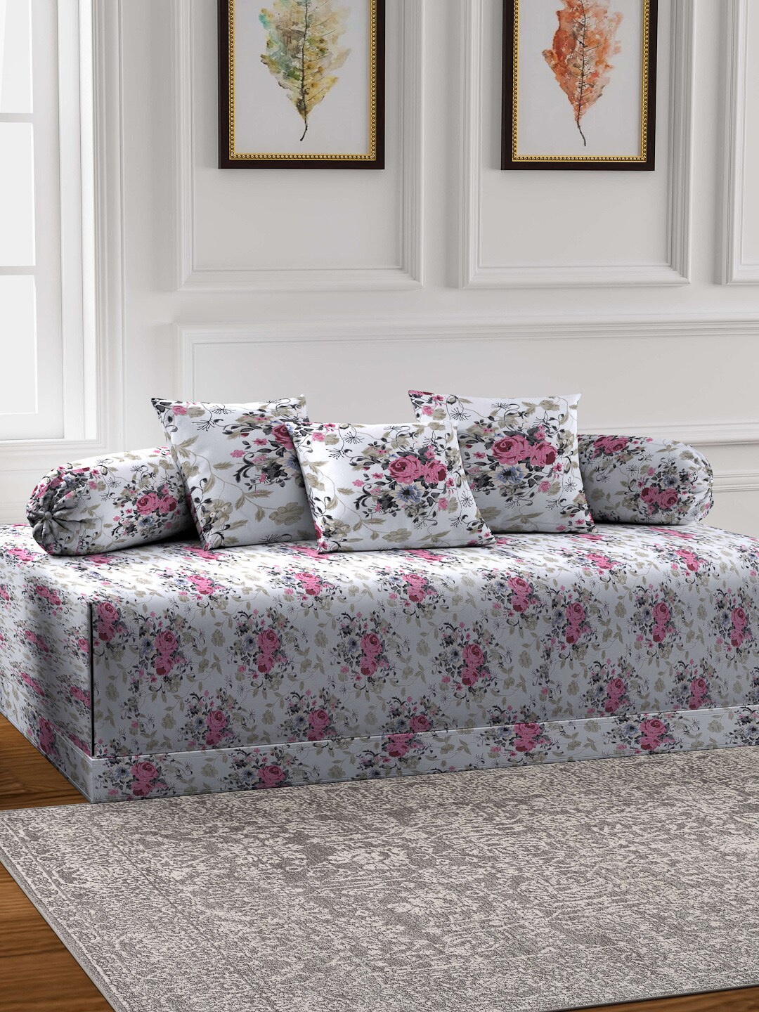 

Arrabi Set of 6 White Floral TC Cotton Blend Diwan Set