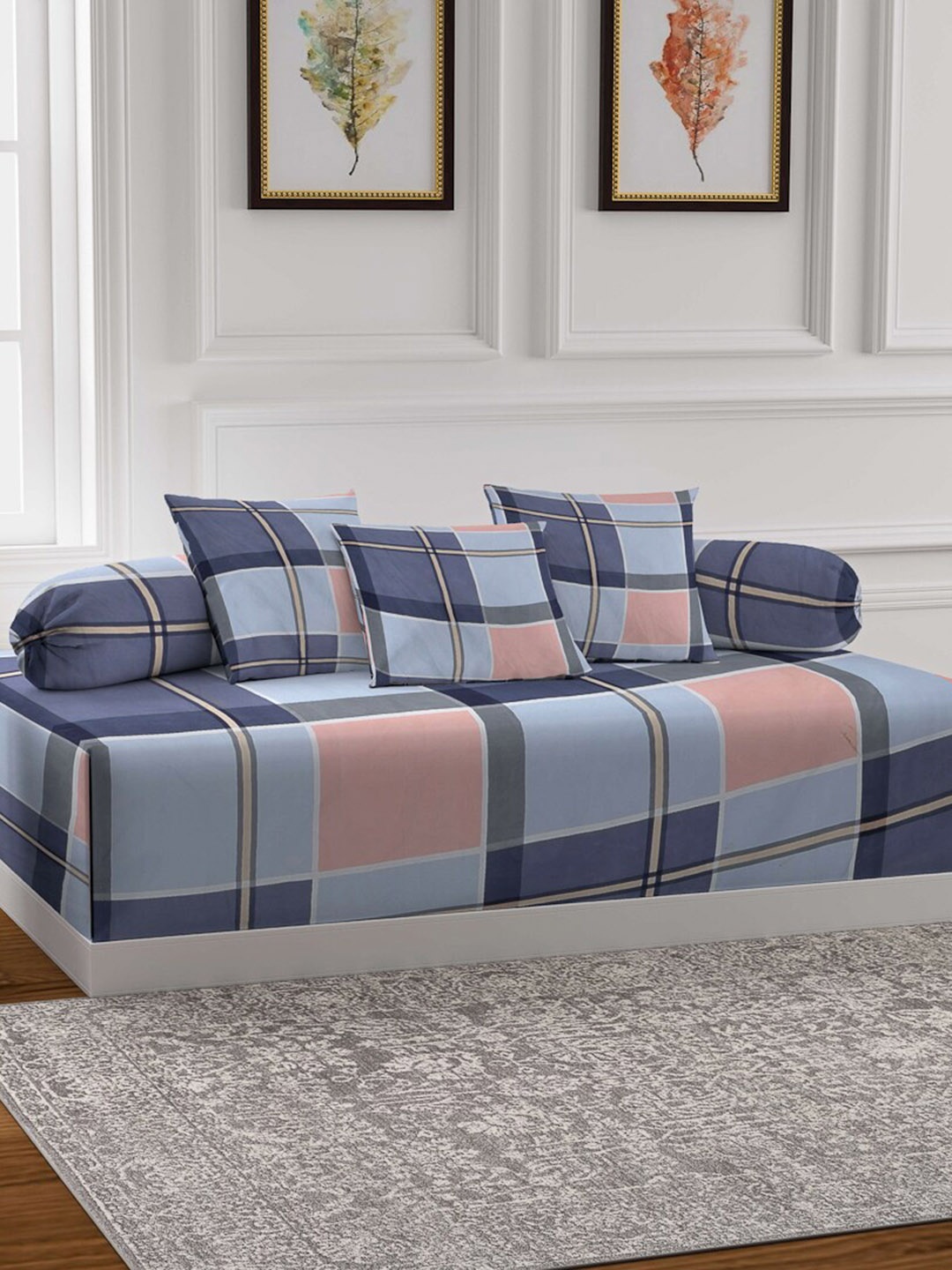 

Arrabi Set of 6 Blue & Beige Checked Cotton Blend Diwan Set