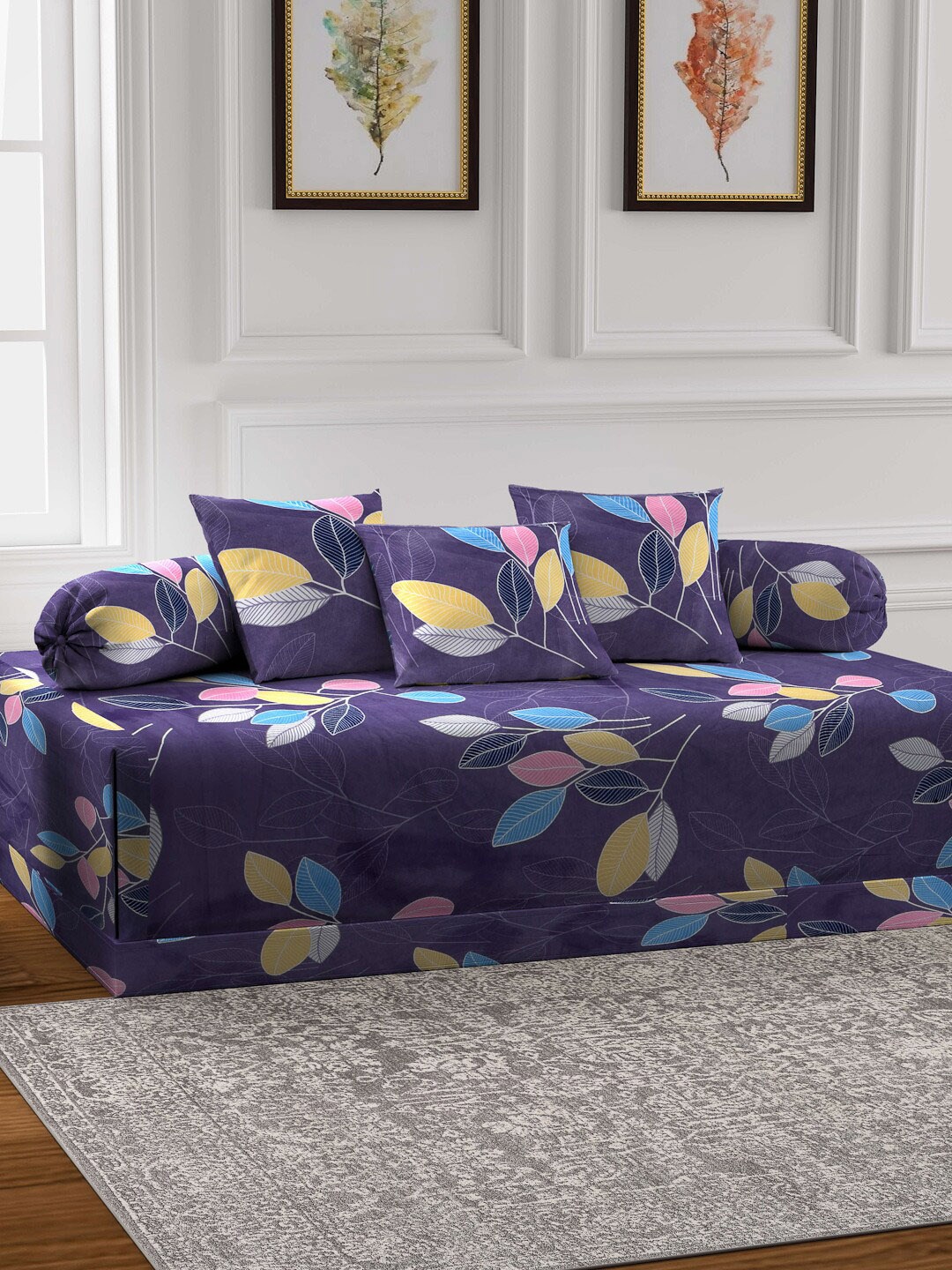 

Arrabi Blue Set Of 6 Floral Cotton Blend Diwan Set, Grey