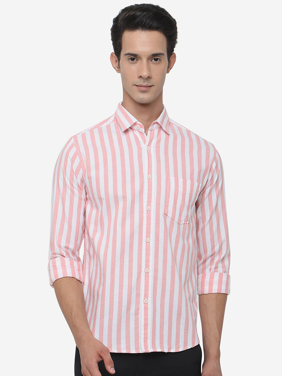 

Greenfibre Men Slim Fit Striped Cotton Casual Shirt, Pink