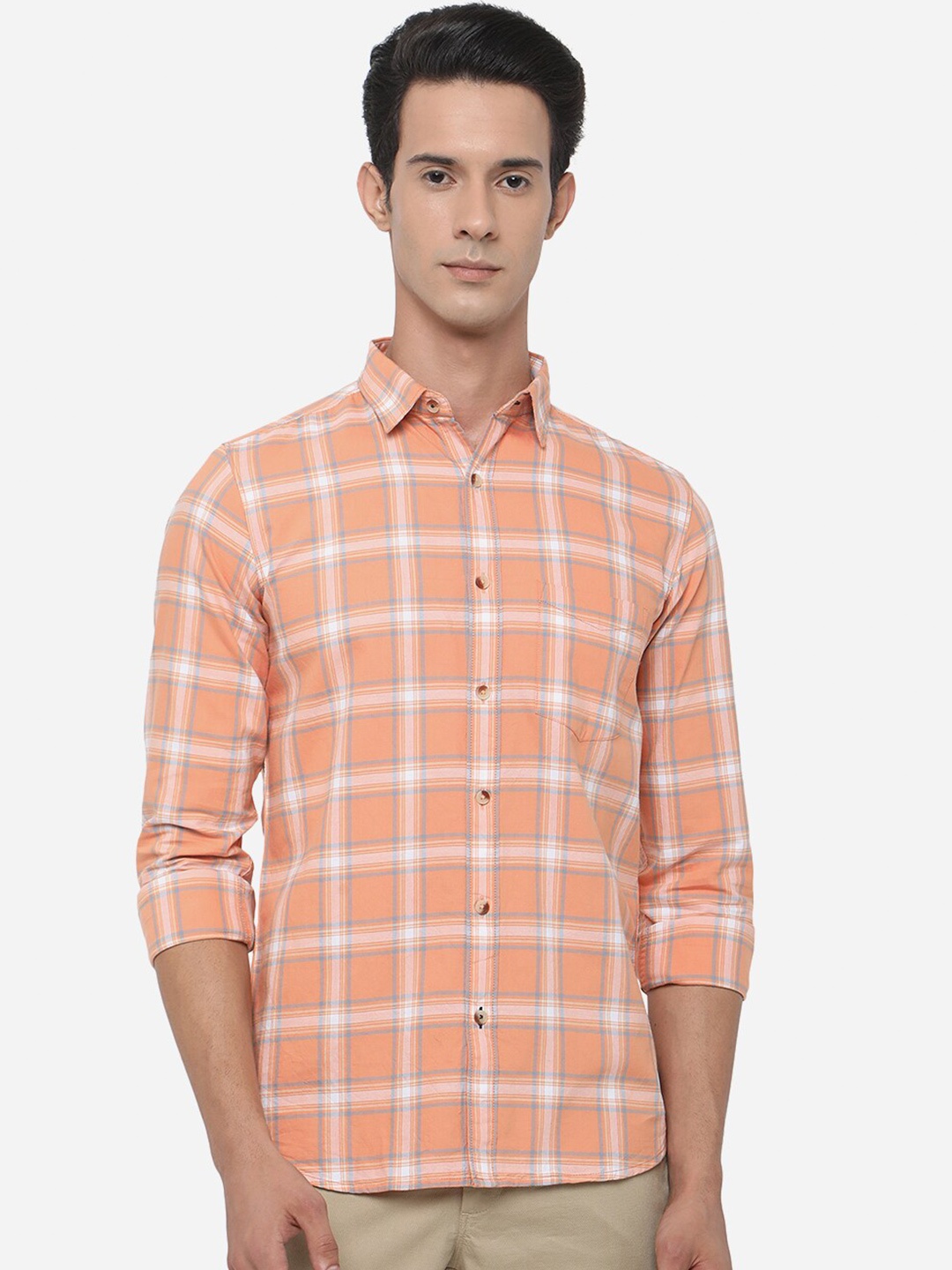 

JADE BLUE Men Slim Fit Checked Cotton Casual Shirt, Orange