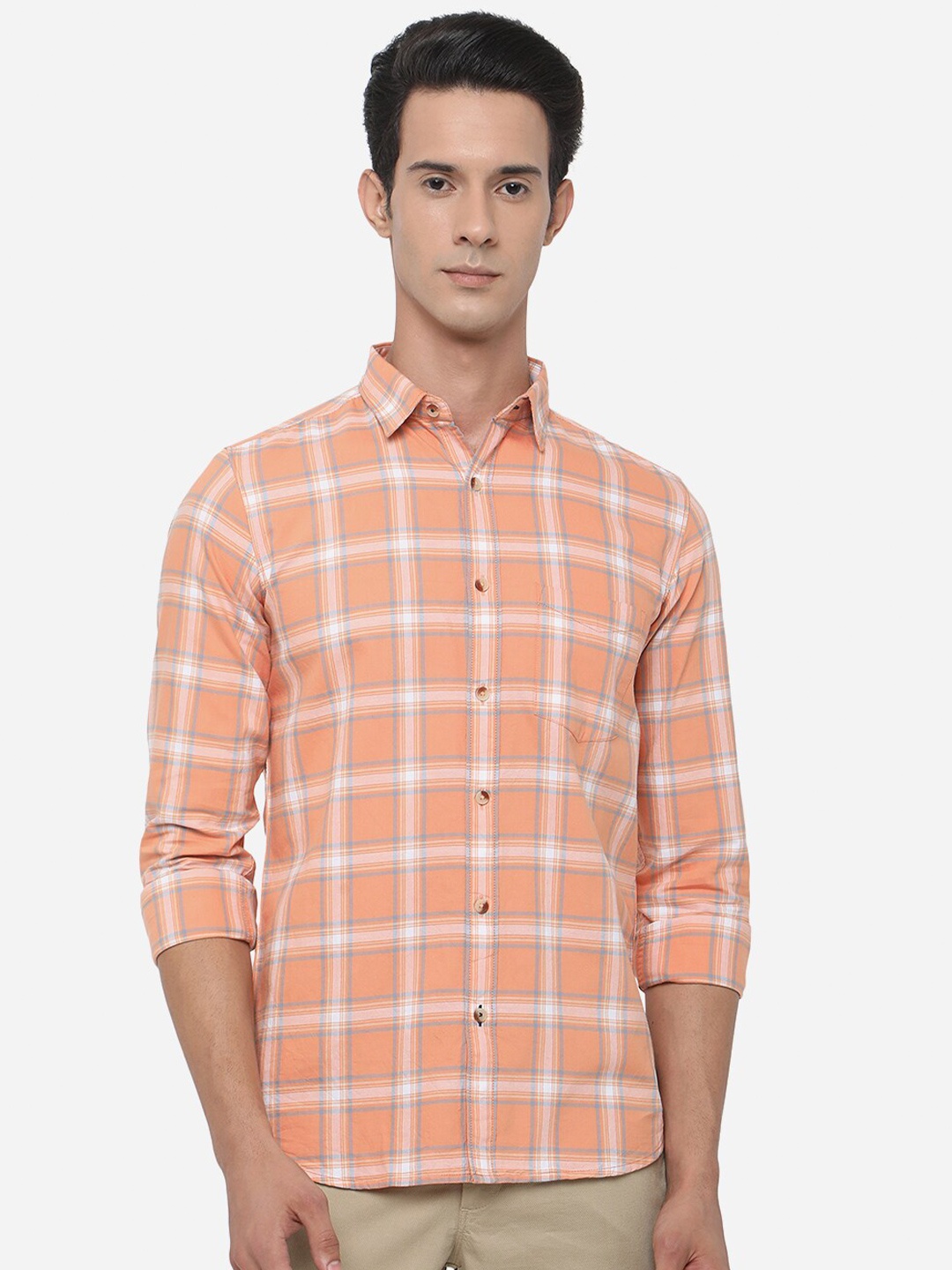 

JADE BLUE Men Slim Fit Checked Cotton Casual Shirt, Orange