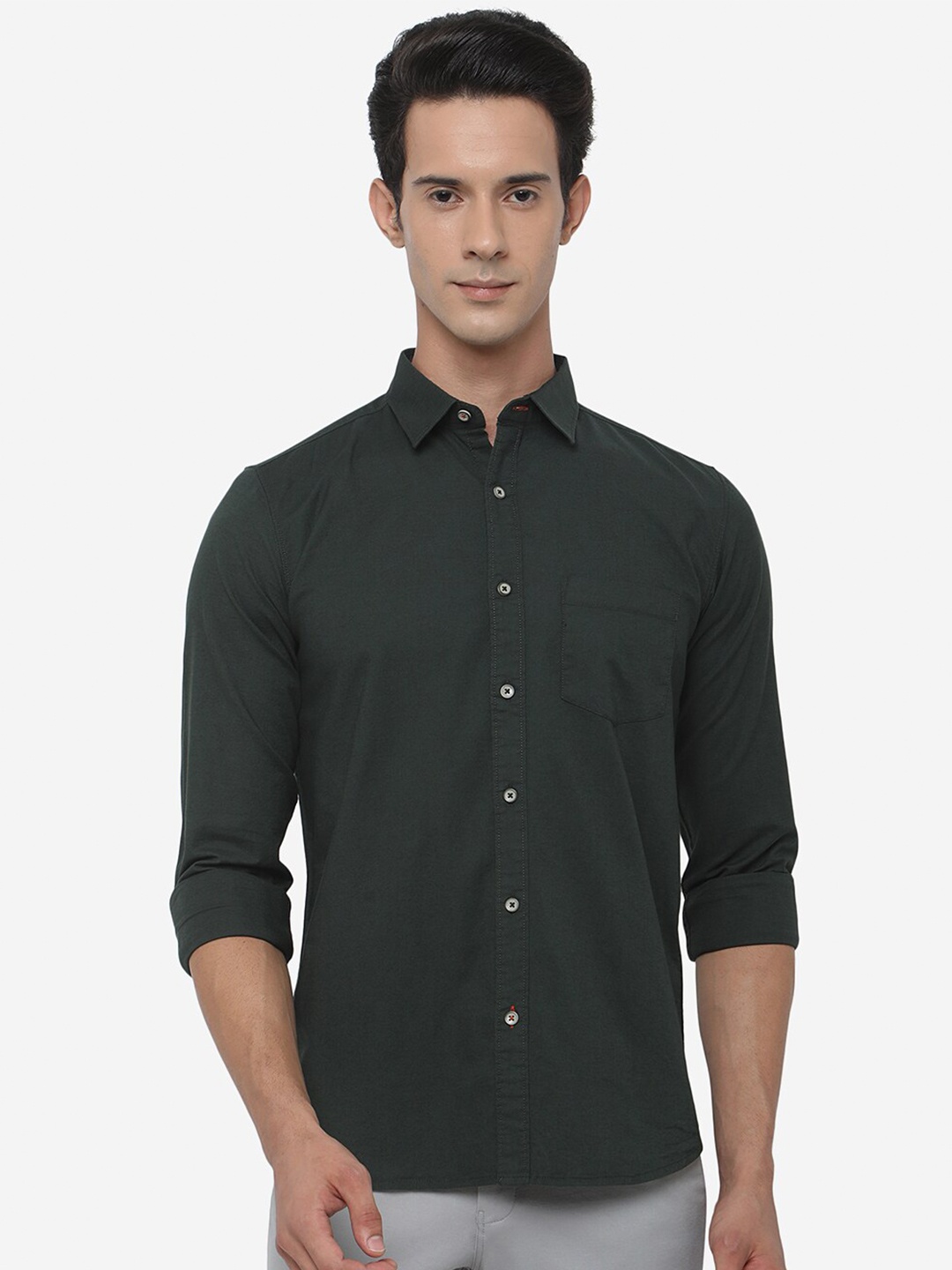 

JADE BLUE Men Slim Fit Solid Cotton Casual Shirt, Green