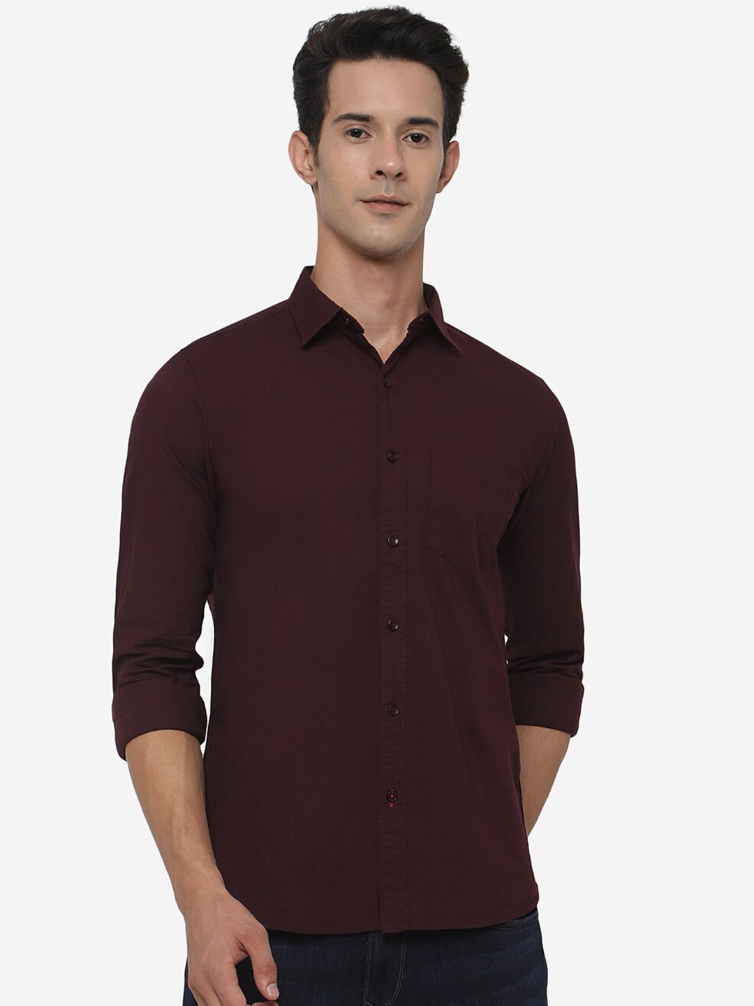 

JADE BLUE Men Slim Fit Solid Cotton Casual Shirt, Maroon