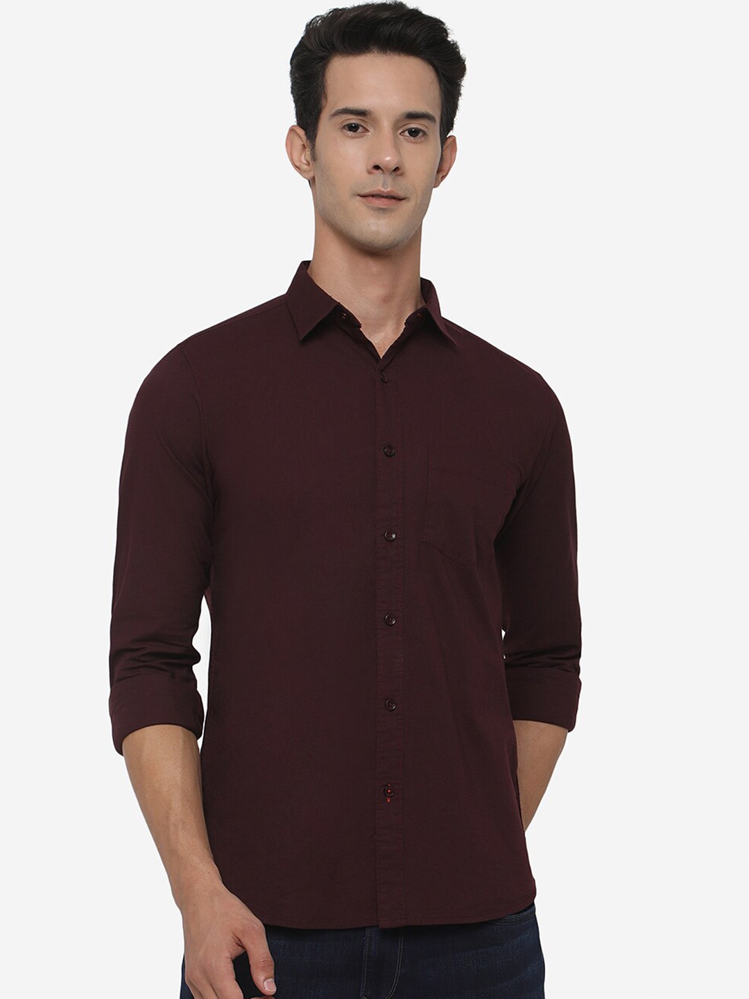 

JADE BLUE Men Slim Fit Solid Cotton Casual Shirt, Maroon