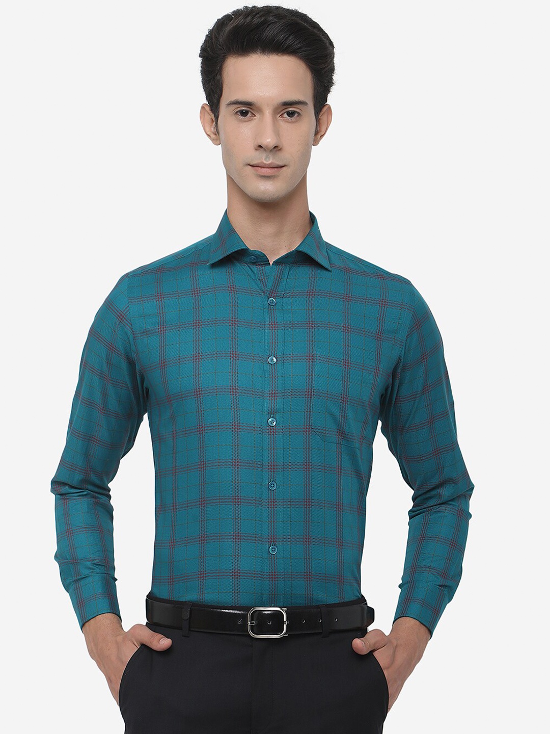 

METAL Men Blue Slim Fit Grid Tattersall Checks Checked Formal Shirt