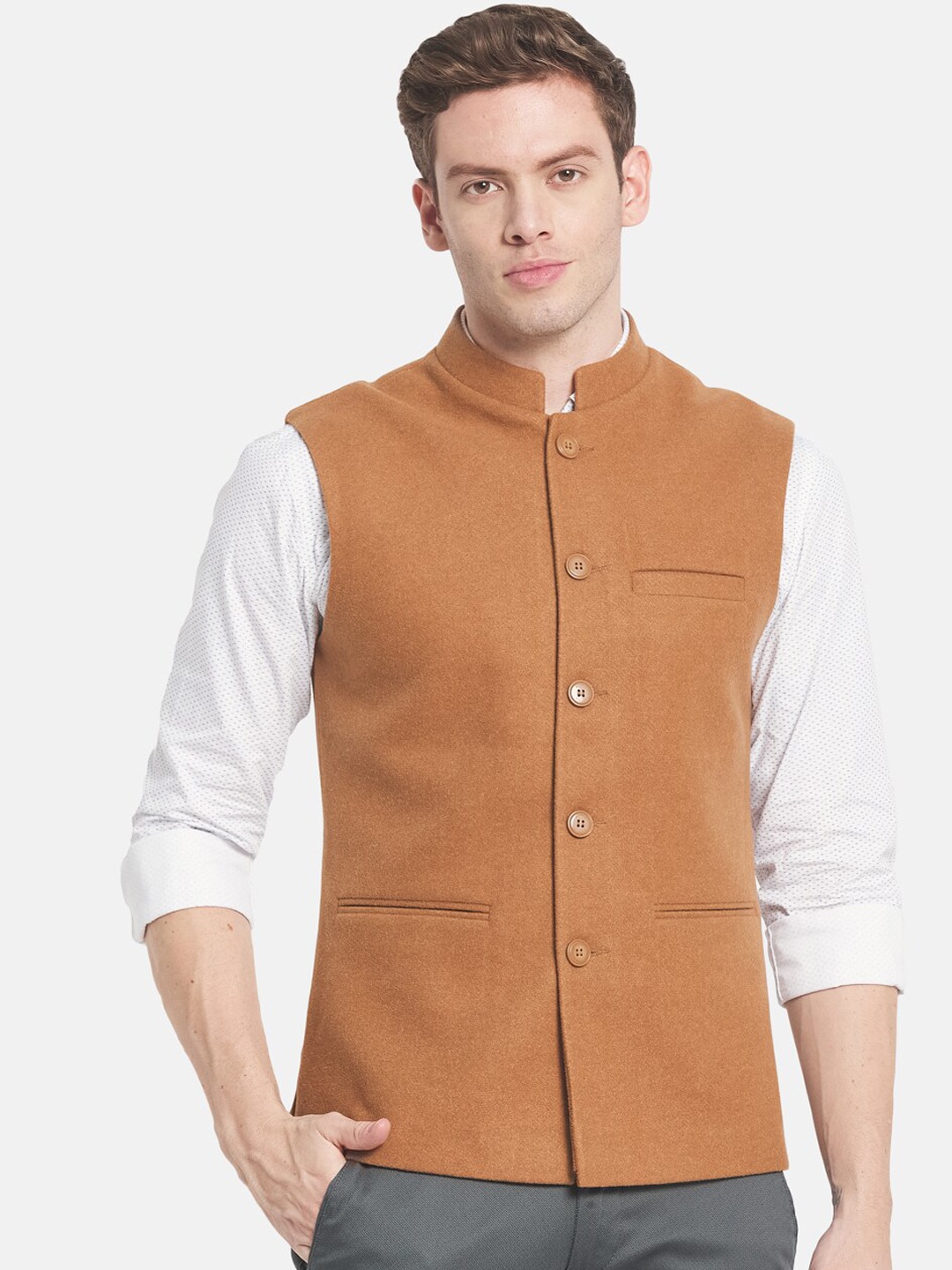 

METTLE Men Brown Solid Woven Nehru Jacket