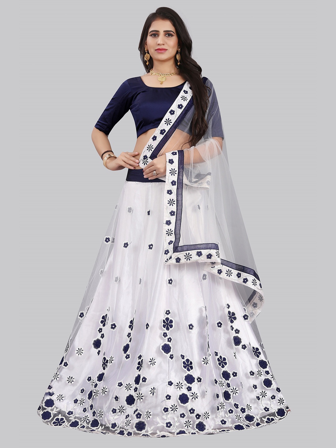 

JSItaliya Navy Blue & White Thread Work Semi-Stitched Lehenga & Unstitched Blouse With Dupatta