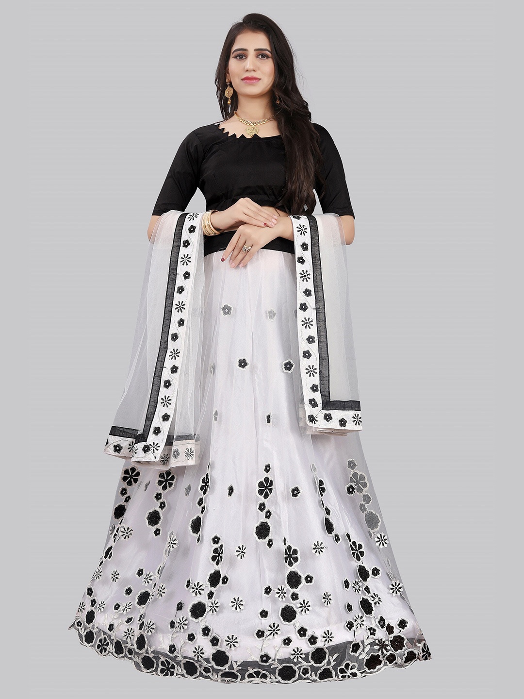 

JSItaliya Black And White Semi-Stitched Lehenga And Unstitched Blouse With Dupatta