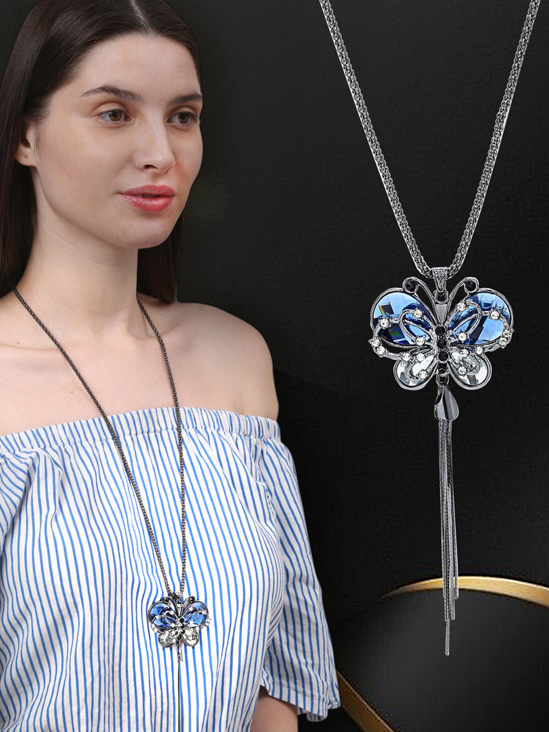 

Shining Diva Fashion Silver-Toned & Blue Silver-Plated Necklace