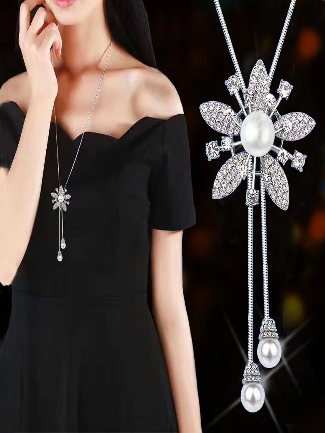 

Shining Diva Fashion Silver-Toned & White Silver-Plated Necklace