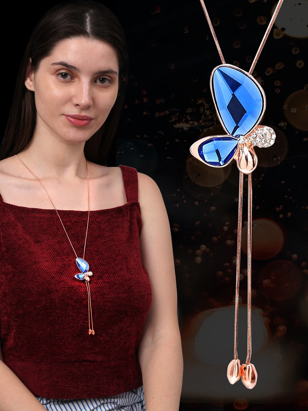 

Shining Diva Fashion Rose Gold & Blue Rose Gold-Plated Necklace