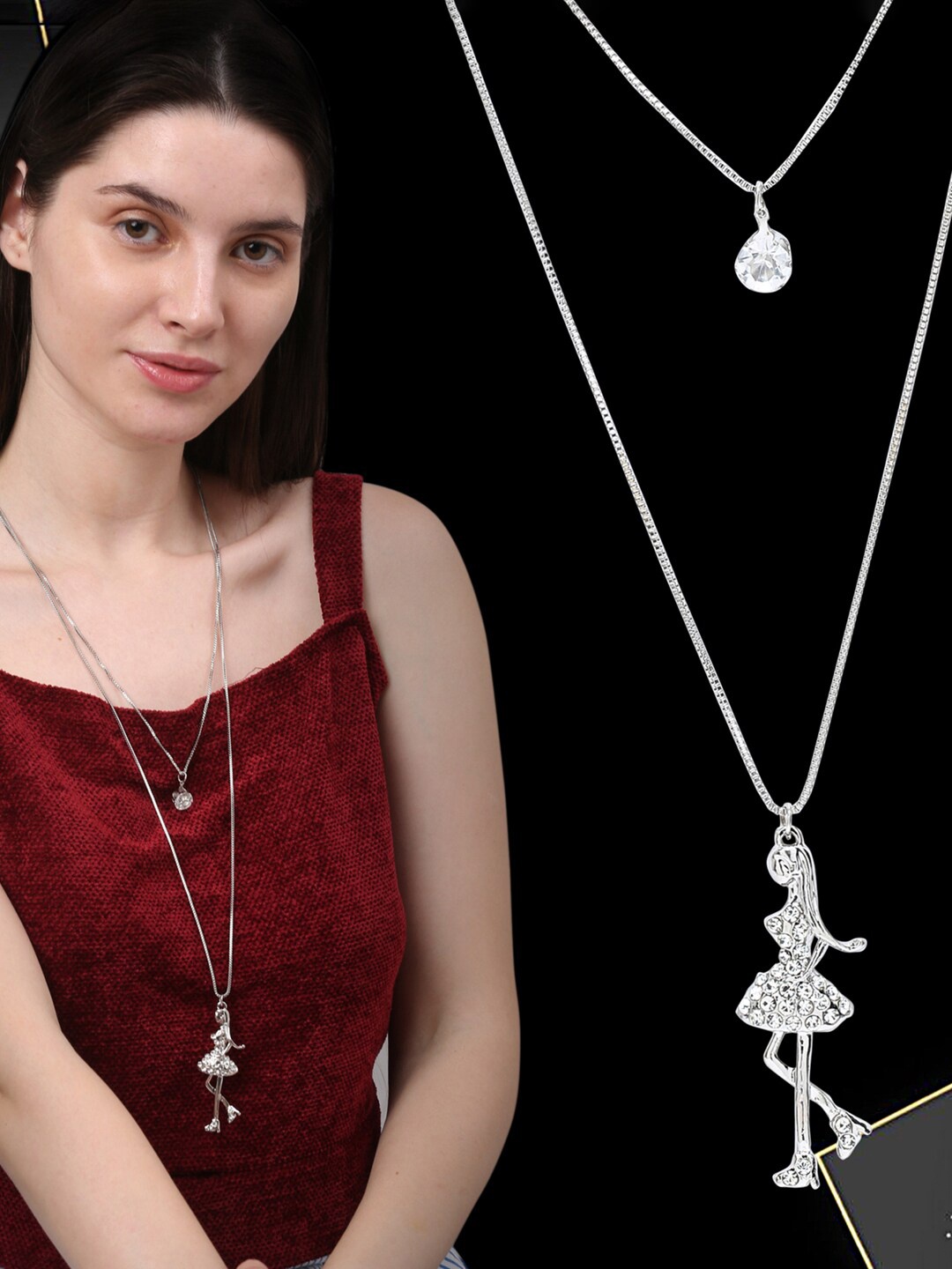 

Shining Diva Fashion Silver-Toned & White Silver-Plated Layered Necklace