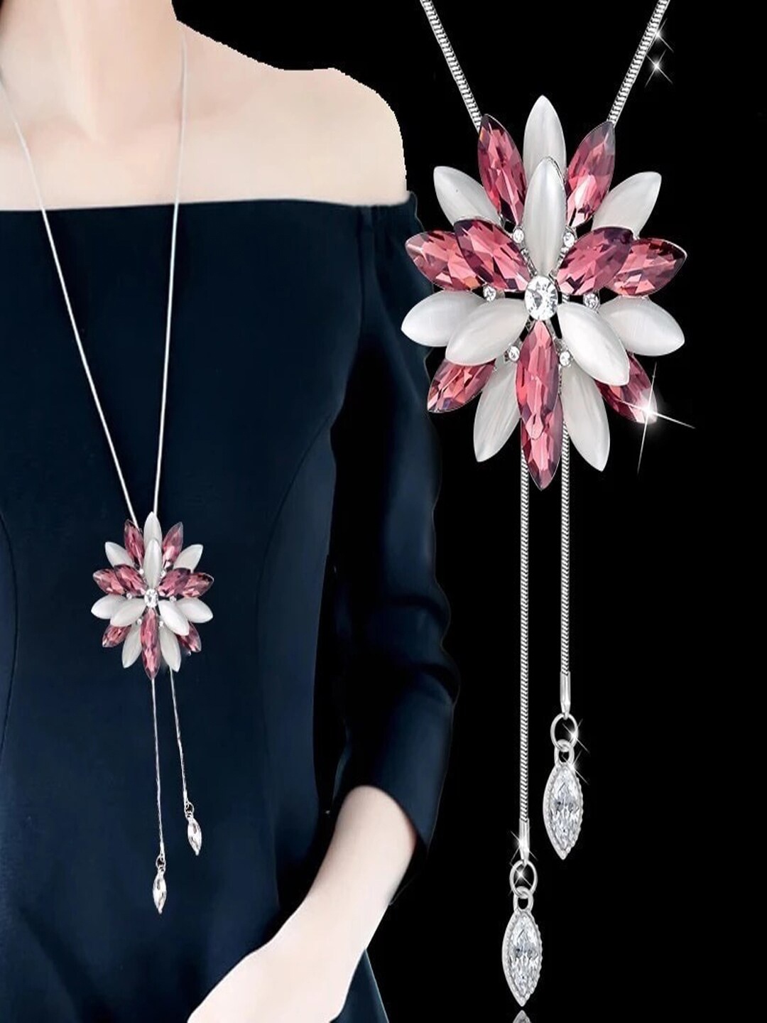

Shining Diva Fashion Silver-Toned & Pink Silver-Plated Necklace