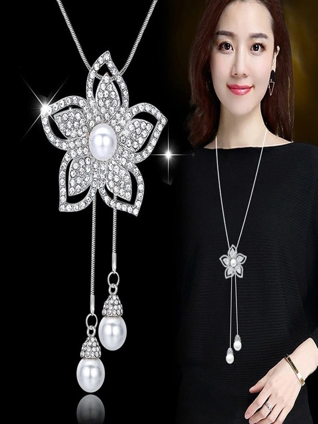 

Shining Diva Fashion Silver-Toned & White Silver-Plated Necklace