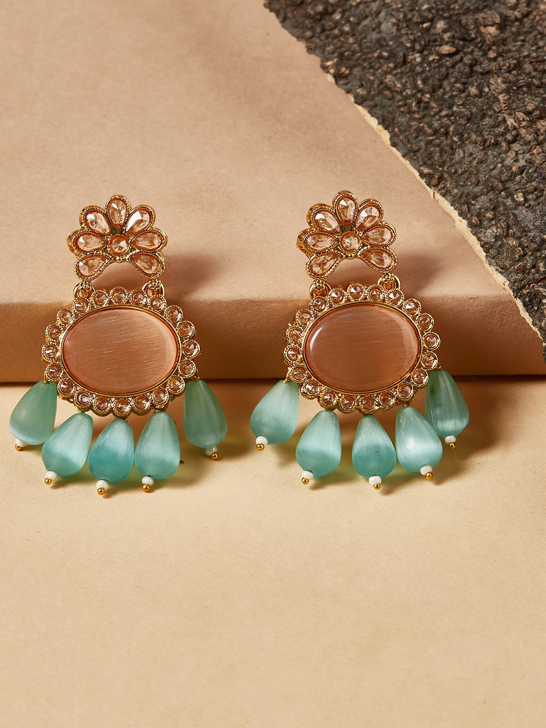 

Voylla Gold-Plated & Sea Green Contemporary Drop Earrings
