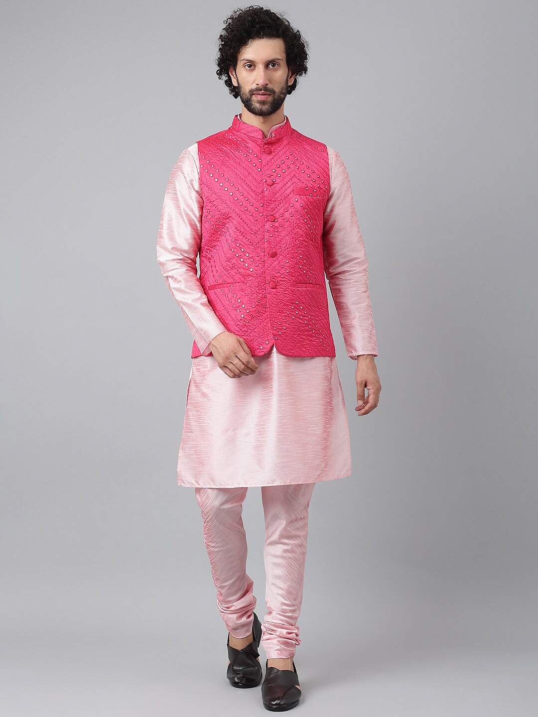 

Hangup Men Pink Mirror Work Pure Silk Kurta with Pyjamas